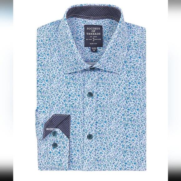 Society Of Threads No Iron Slim Fit Blue Patterned Shirt Mens Size M - Picture 2 of 13